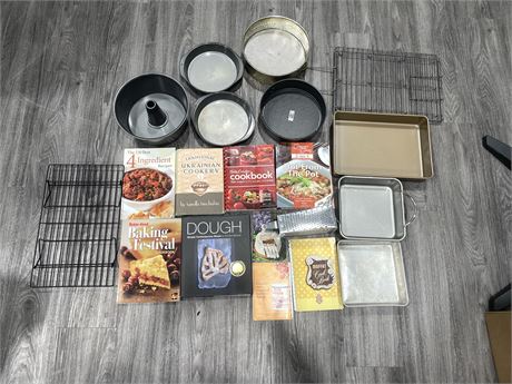 LARGE LOT OF BAKING PANS (SOME NEW) & COOKBOOKS