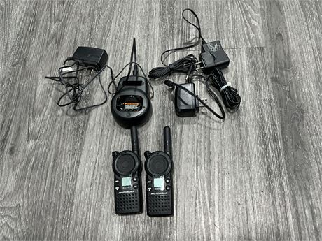 2 SMALL MOTOROLA WALKIE-TALKIES W/ CHARGER AND SPARE CORDS