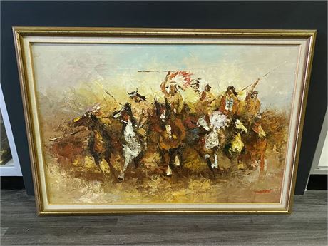 CHARGING INDIANS SIGNED OIL PAINTING (39”X28”)