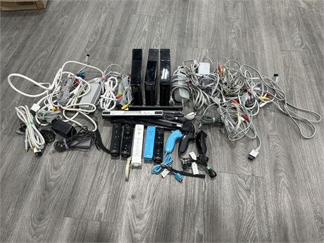 WII LOT - 3 CONSOLES (NEEDS WORK) & CORDS/REMOTES - ALL AS IS