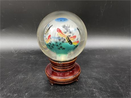 VINTAGE CHINESE DOUBLE LAYERED INNER PAINTED GLASS BALL ON WOOD STAND 5.5” TALL