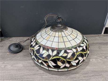 VINTAGE LARGE STAINED GLASS HANGING LAMP SHADE - 19” DIAM.