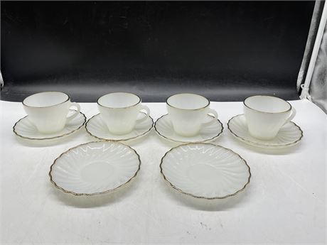 MCM ANCHOR HAWKING FIRE KING SUBURBIA SWIRLED WHITE CUPS & SAUCERS 24K GOLD TRIM