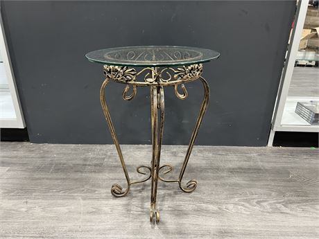 GLASS TOP / WROUGHT IRON BASE TABLE - 21” TALL 15” DIAMETER