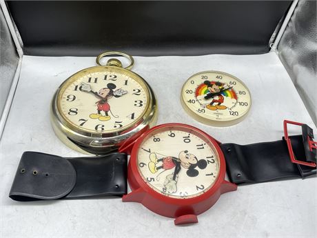 2 VINTAGE MICKEY MOUSE WALL CLOCKS & THERMOMETER