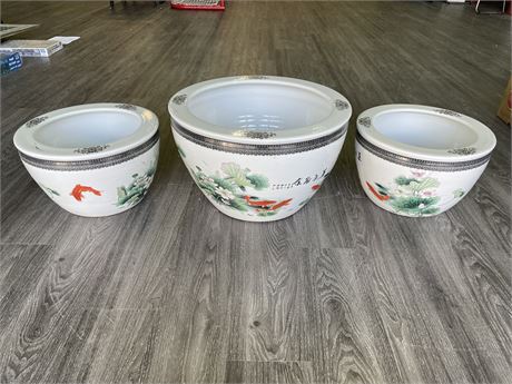 3 VERY LARGE CHINESE PLANTERS (MEASUREMENTS INCLUDED IN PHOTOS)