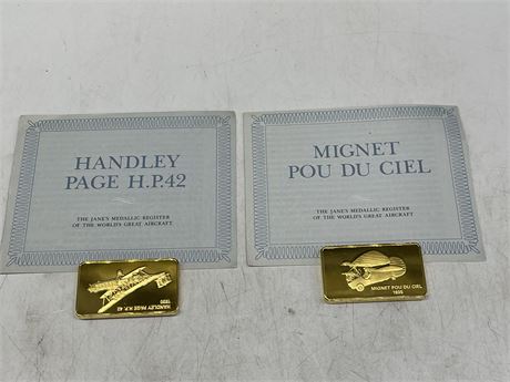 2 GOLD PLATED AIRPLANE MEDALLIC PIECES