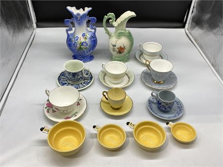 6 TEACUPS / SAUCERS, 2 VASES, BUMBLE BEE MEASURING CUPS