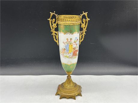 ANTIQUE SEVRES STYLE PORCELAIN GILT BRONZE URN - HAND PAINTED - 13” TALL