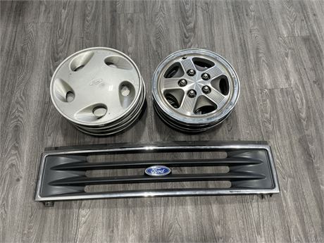 2 SETS OF 4 FORD / OTHER HUB CAPS + FORD GRILL