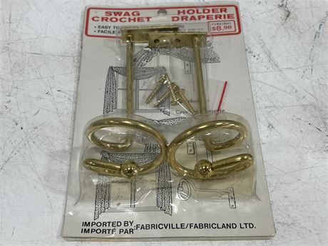 NEW IN BOX VINTAGE BRASS CURTAIN SWAG HOLDERS