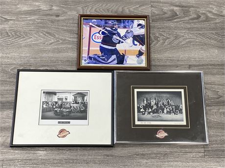 3 FRAMED CANUCKS PICTURES (LARGEST IS 14.5”X11.5”)