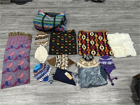 LOT OF SCARVES, TOQUES, BAGS