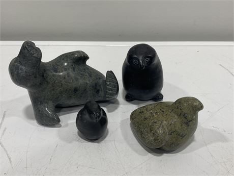 4 SOAPSTONE ANIMAL SCULPTURES (2 Signed)