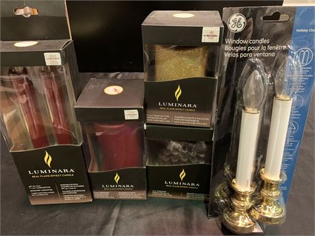 BOX OF “NEW” LUMINARA FLAME EFFECT CANDLES IN ASSORTED DESIGNS AND COLOURS