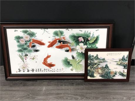 2 CHINESE PORCELAIN PICTURE LARGE (CRACKED) 19” X 35” SMALL 11.5” X 14.5”