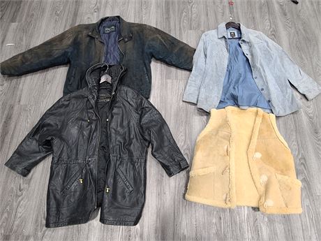 4 CLOTHING FOR LADIES 2 LEATHER JACKET, 1 SHEEPSKIN VEST AND BLUE SUED JACKET
