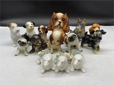 14 VINTAGE COLLECTABLE DOG FIGURINES (TALLEST IS 6”)