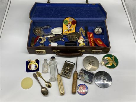 TRAVEL CASE FULL OF ANTIQUES & PINS FROM SHRINERS