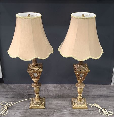 PAIR ANTIQUE BRASS GLASS LAMPS 33.5"HEIGHT