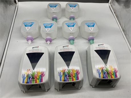 3 HAND SANITIZER DISPENSERS & GEL (4 are full, others partially full)