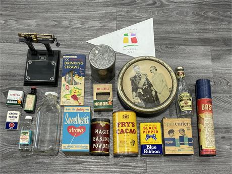LARGE LOT OF VINTAGE SPICE TINS, COOKIE CUTTERS, BOTTLES, ETC.