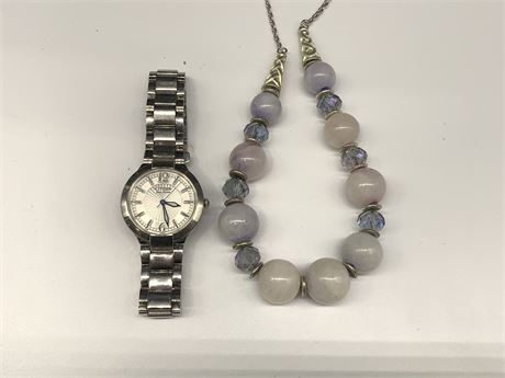 CITIZEN ECO DRIVE WATCH (working) & AGATE BEAD NECKLACE