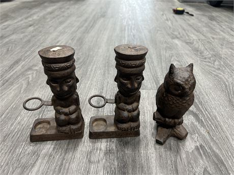 CAST IRON OWL + 2 TIKI CANDLE HOLDERS / PIPE STANDS / PEN HOLDERS 6” TALL