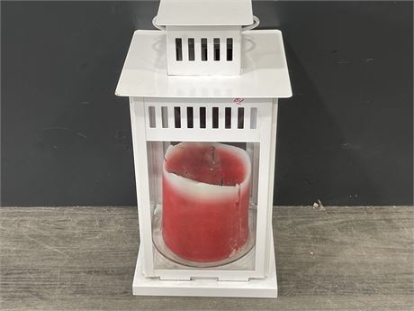 HEAVY METAL + GLASS LANTERN WITH MASSIVE CANDLE 15” TALL