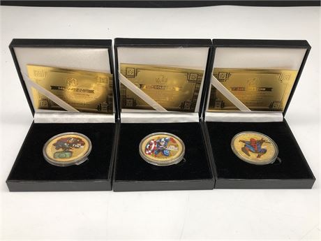 3 24K GOLD PLATED MARVEL COINS (SPIDER-MAN, THOR, CAPTAIN AMERICA)