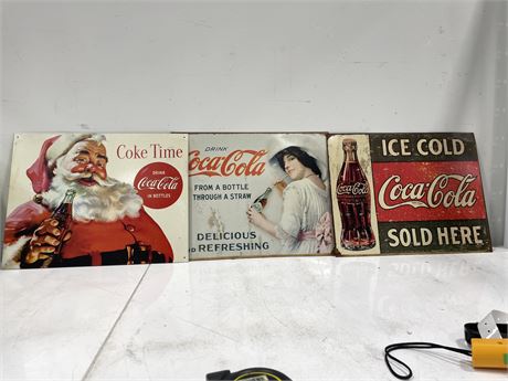 3 METAL COCA COLA SIGNS MADE IN THE USA 16”x13”