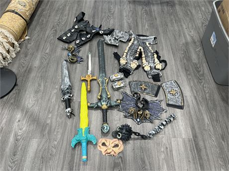 LOT OF HALLOWEEN COSTUME PIECES - SWORDS, FLAIL, MASK & ECT