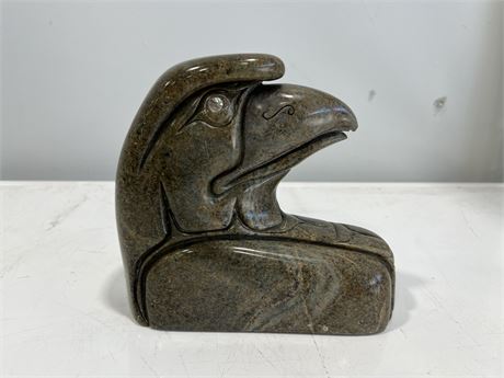 HEAVY EAGLE SOAPSTONE SCULPTURE SIGNED BY MELVIN DUNN, BELLA COOLA (9” x 8”)