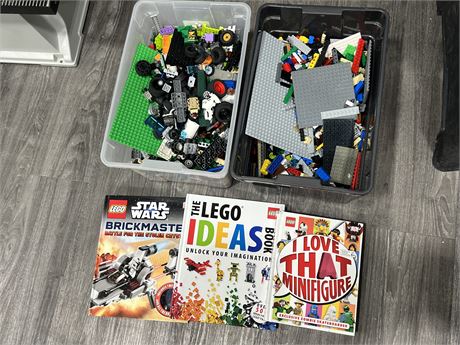 2 TUBS OF LEGO & 3 LEGO BOOKS