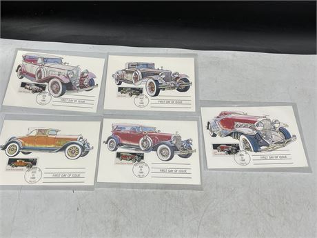 5 FIRST DAY COVER STAMPS - CLASSIC CARS