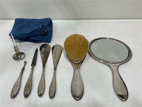 BIRKS STERLING - BRUSH, MIRROR, 2 SHOE HORNS, PERFUME STOPPER, 2 MANICURE PIECES