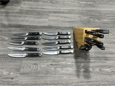 10 ROSCAN STEAK KNIVES & KNIFE BLOCK SET (Includes some Henckels)