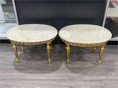 BEAUTIFUL GOLD GILT MARBLE TOP END TABLES - 25”x18”x16”