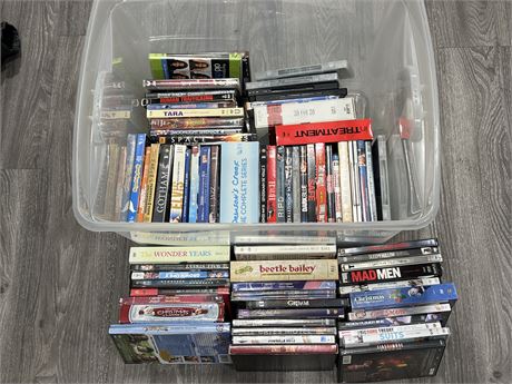 BIN OF DVDS - SERIES SETS, STEELBOOKS, ETC