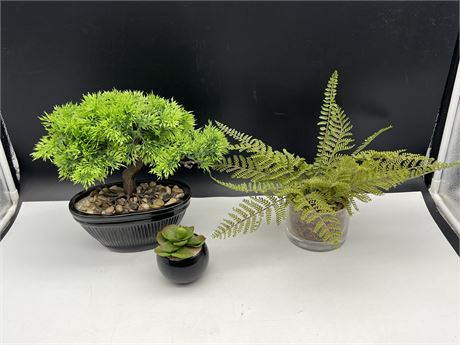 3 SMALL FAUX DECOR PLANTS - LARGEST IS 11” TALL