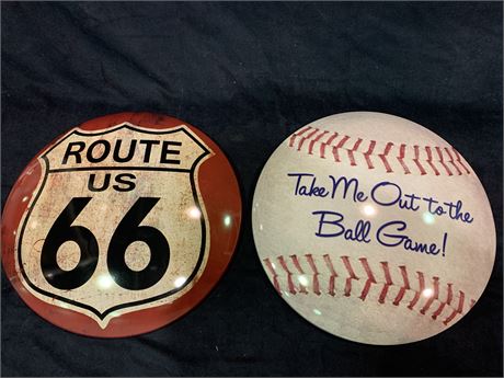 BASEBALL/ROUTE 66 TIN WALL DECORATIONS (16inch diameter)