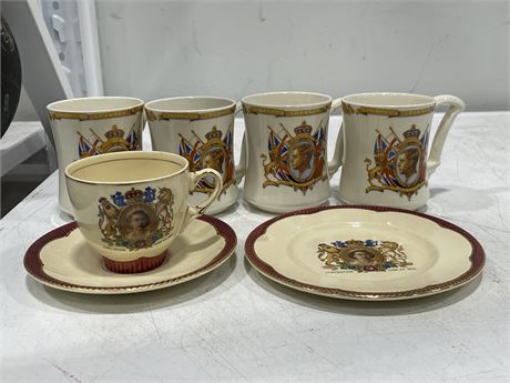 LOT OF 7 ENGLISH ROYAL FAMILY MUGS, CUPS + SAUCER FOR QUEEN ELIZABETH &