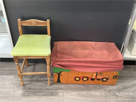 ANTIQUE KIDS CHAIR & WOODEN TOY BOX - TOY BOX IS 26”x13”x13”
