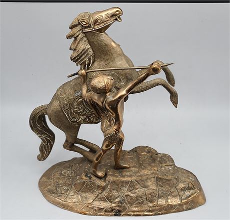 LARGE EGYPTIAN CAST METAL HORSE AND WARIOR STATUE (17"Tall)
