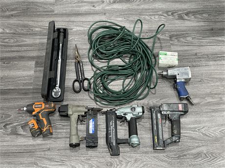 TOOL LOT - NAIL GUNS / DRILLS / WELDING EQUIPMENT / EXTENSION CORD - ECT (AS IS)