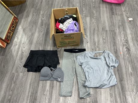 BOX OF WOMENS ATHLETIC WEAR CLOTHES