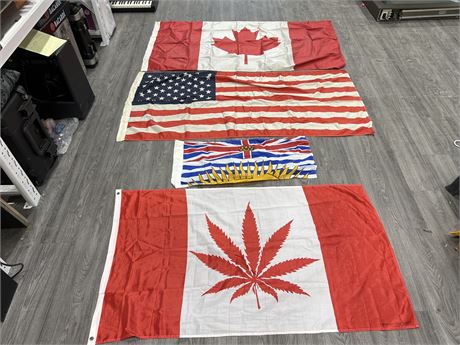 4 FLAGS - TOP 2 ARE VINTAGE (Largest is 6ftx3ft)