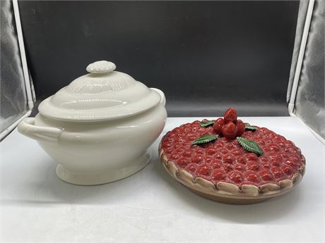 2 LARGE LIDDED DISHES - RED DISH IS 11” ROUND