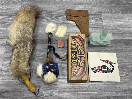 NATIVE ITEMS (6) - RATTLE, WOLF TAIL, ETC.