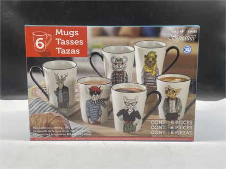 (NEW) SIGNATURE  HOUSEWARES INCORPORATED 6 PIECES STONEWARE MUGS IN BOX